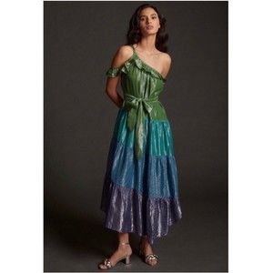 Anthropologie Maeve Metallic Ruffled One-Shoulder Color Block Belted Midi Dress